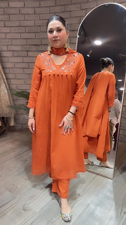 Kanpur Tangy Orange Mirror A-Line Cotton suit