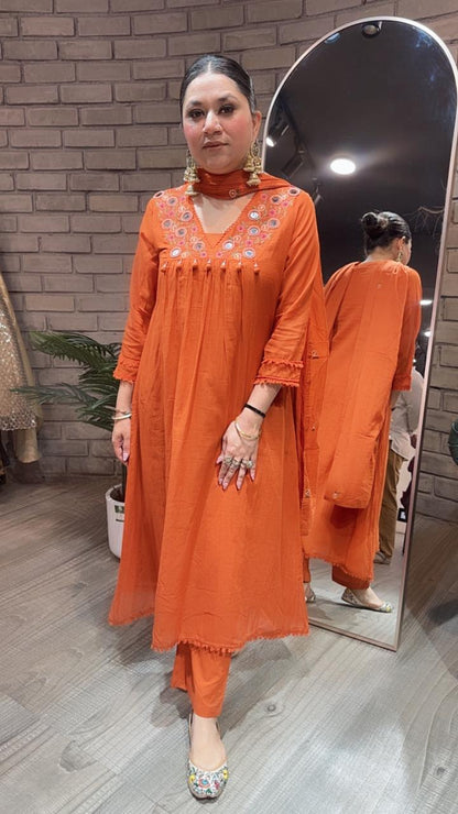 Kanpur Tangy Orange Mirror A-Line Cotton suit
