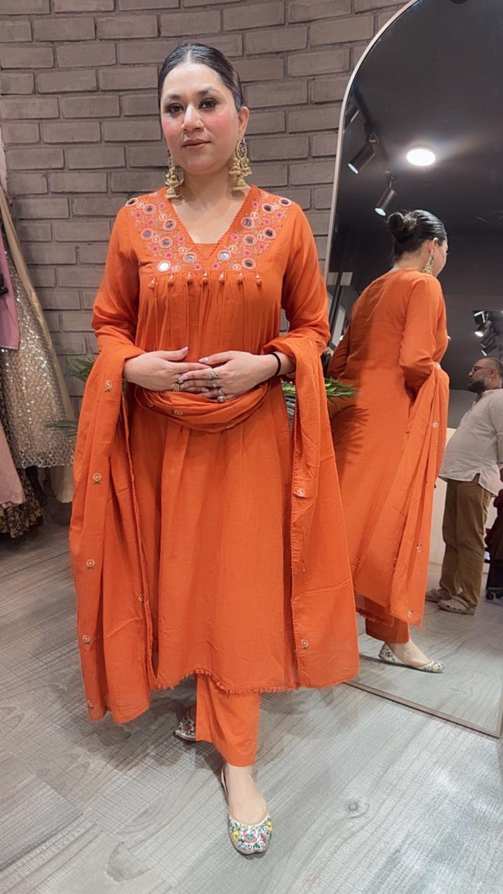Kanpur Tangy Orange Mirror A-Line Cotton suit