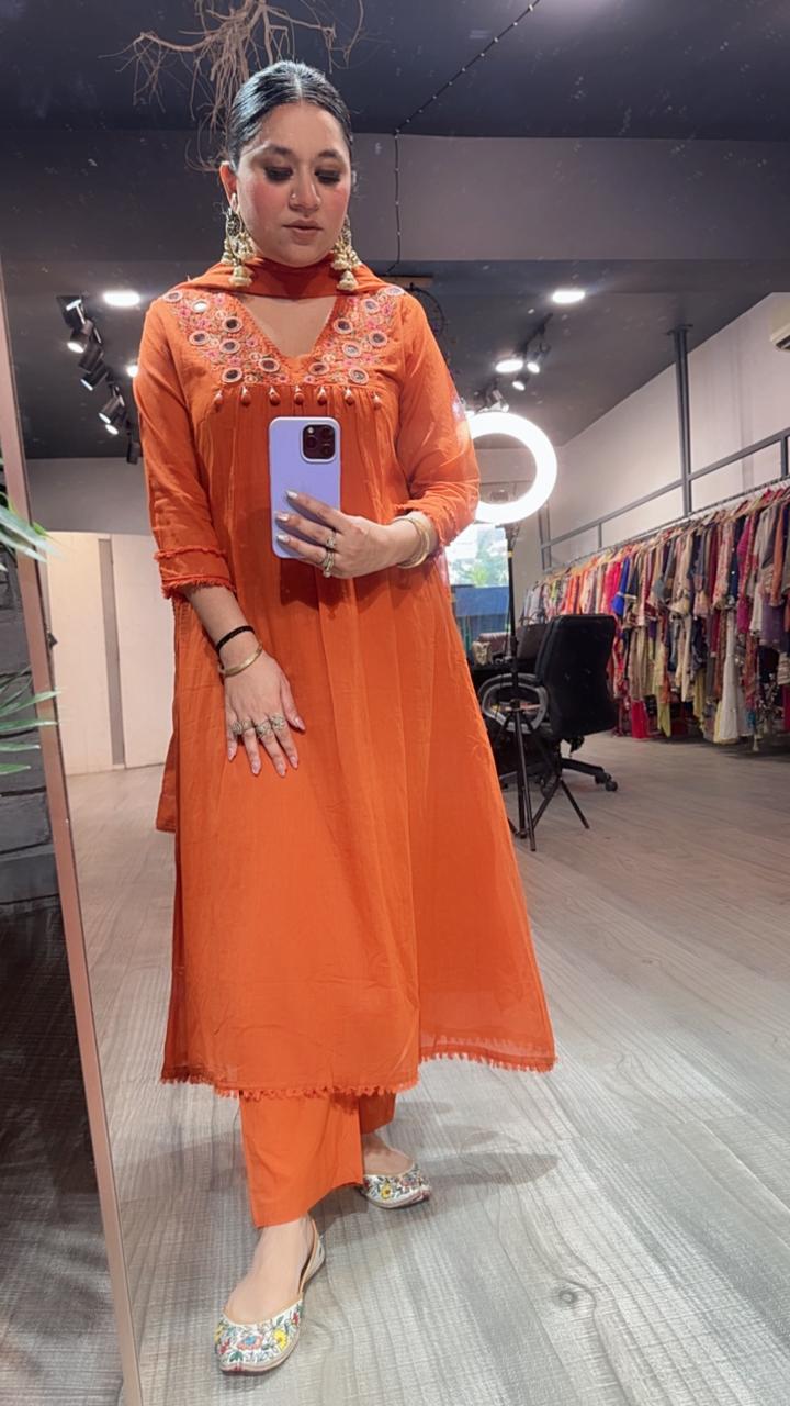 Kanpur Tangy Orange Mirror A-Line Cotton suit