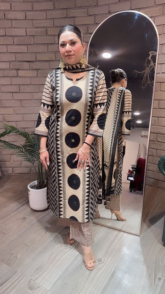 Heritage Beige Black Digital Cotton pocket suit