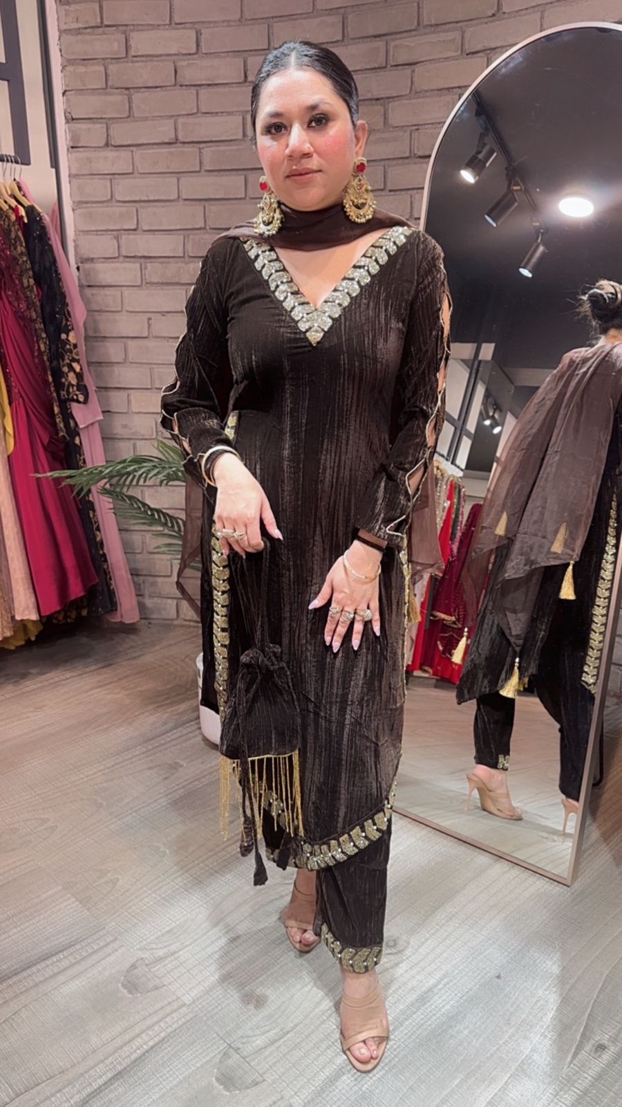 Ebadat Brown Crush katdana velvet Suit with potli