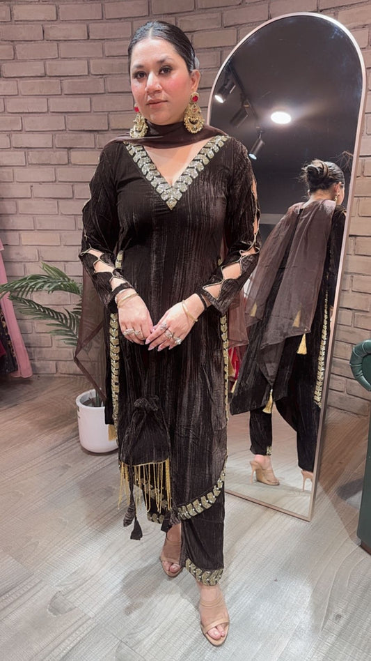 Ebadat Brown Crush katdana velvet Suit with potli