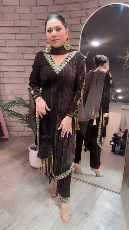 Ebadat Brown Crush katdana velvet Suit with potli