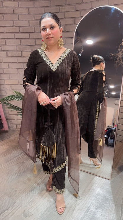 Ebadat Brown Crush katdana velvet Suit with potli