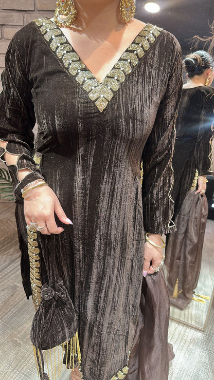 Ebadat Brown Crush katdana velvet Suit with potli