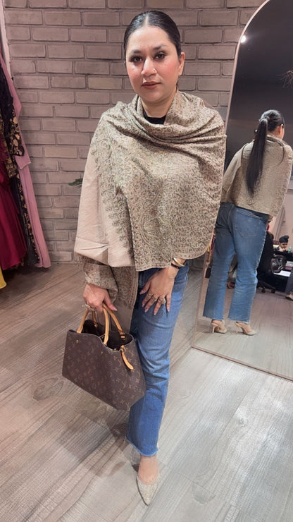 Paschina Beige Thread work Woolen shawl