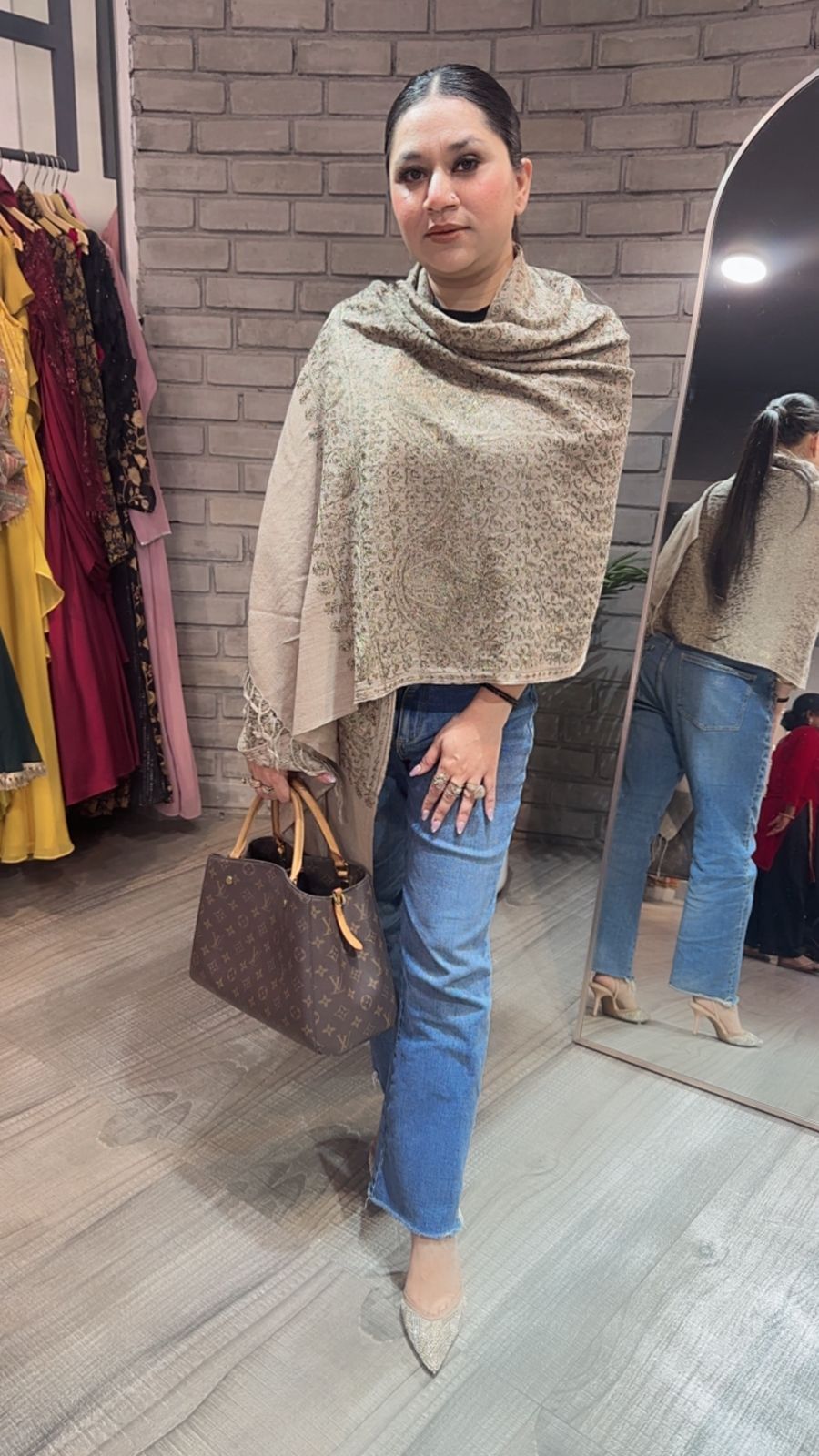 Paschina Beige Thread work Woolen shawl