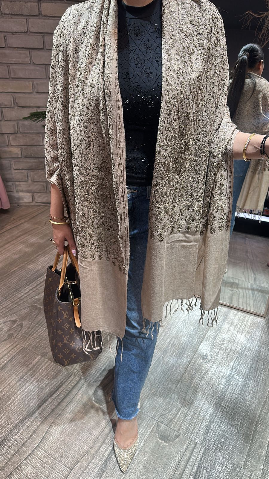 Paschina Beige Thread work Woolen shawl