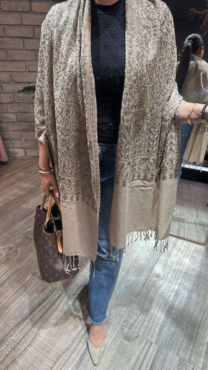 Paschina Beige Thread work Woolen shawl