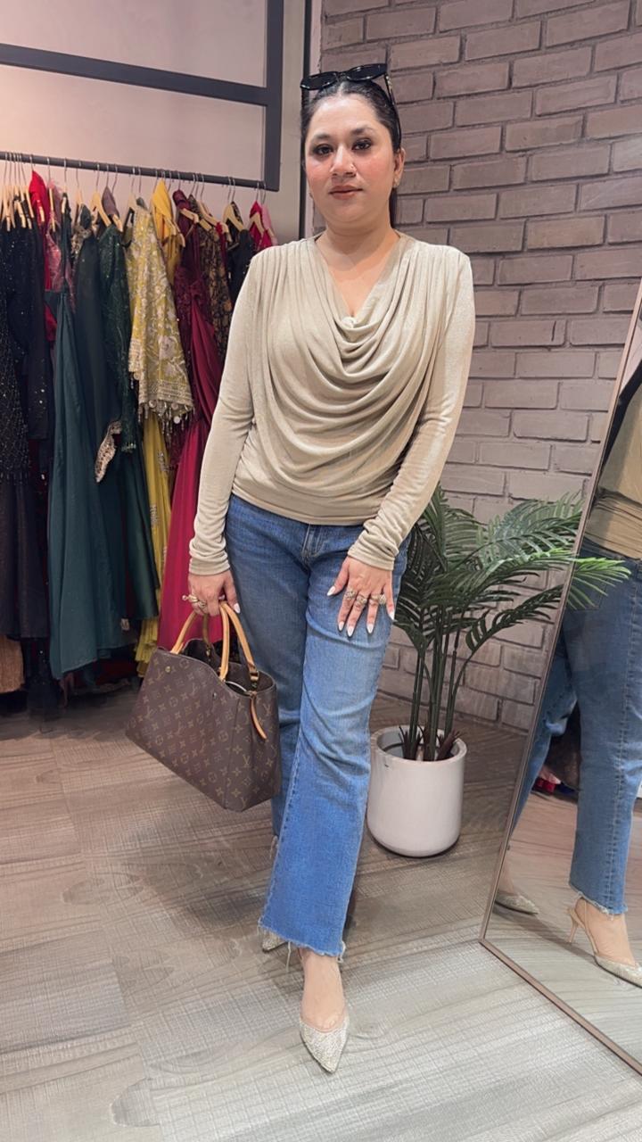 Cowl Beige knitted full Sleeve Top