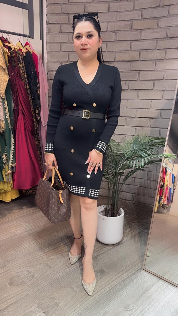 Balmain Black white Woolen Dress