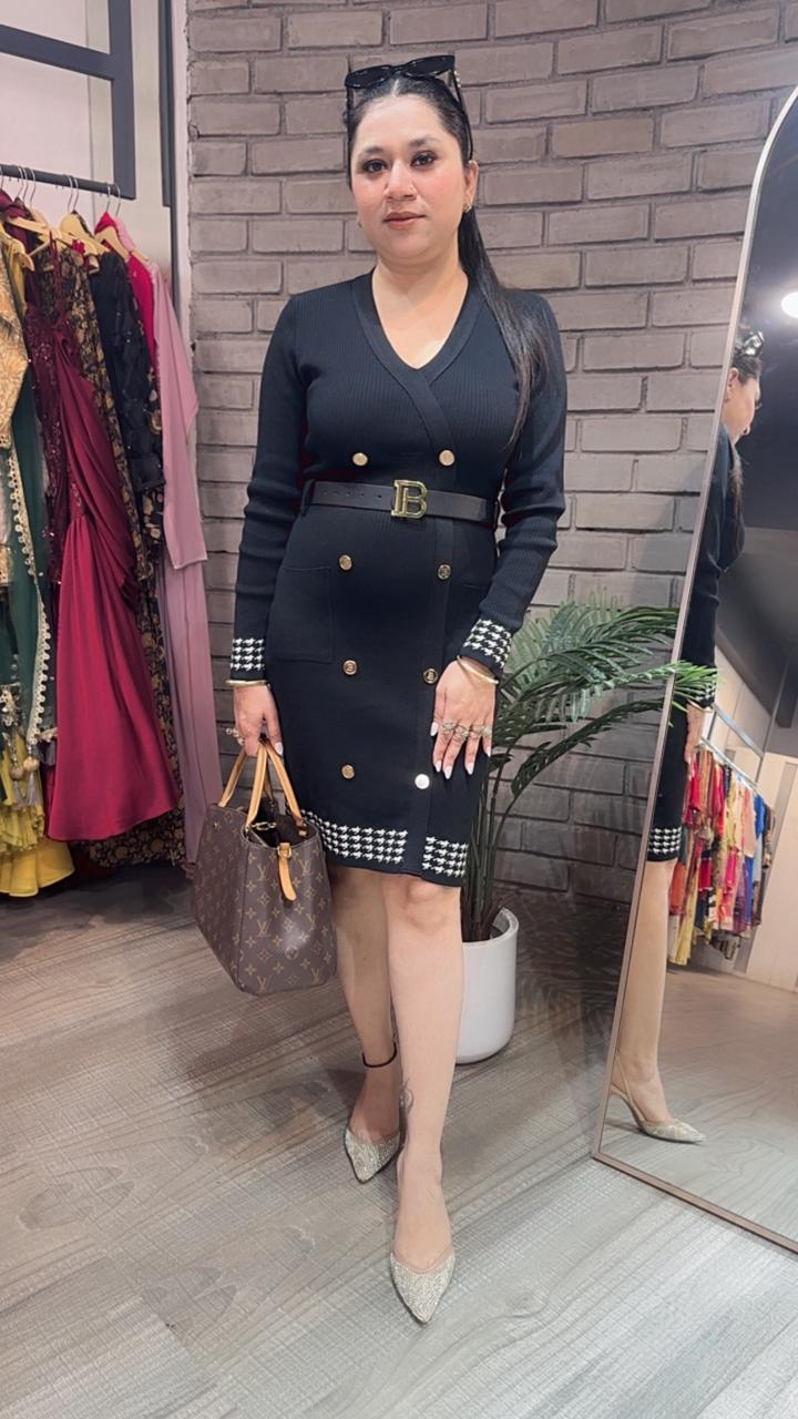 Balmain Black white Woolen Dress