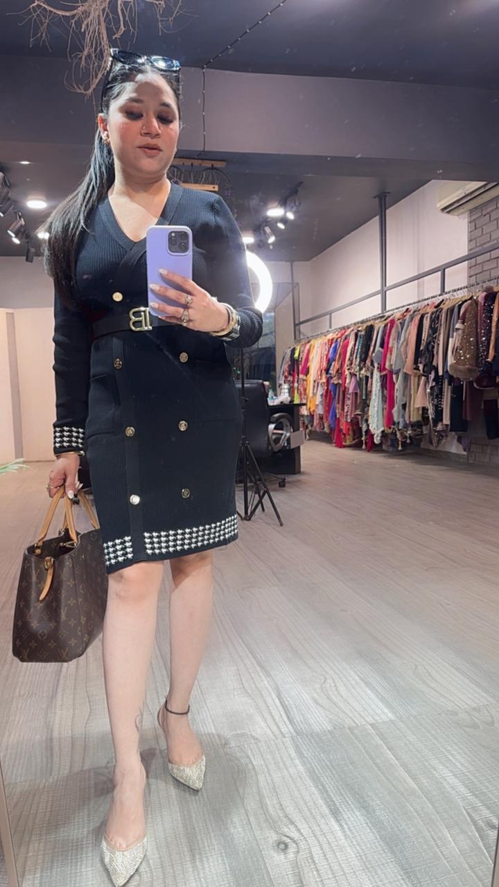 Balmain Black white Woolen Dress