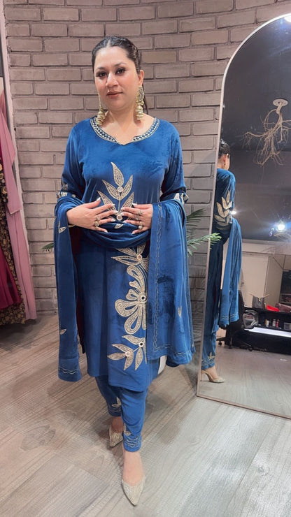 Nazeer Teal Blue Designer velvet suit