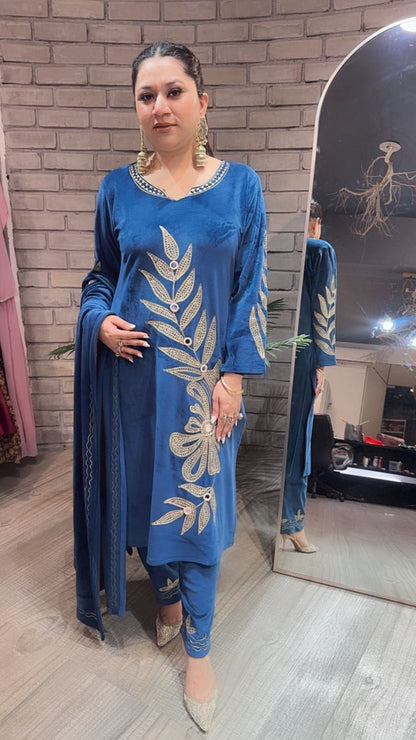 Nazeer Teal Blue Designer velvet suit