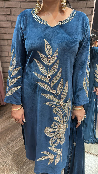 Nazeer Teal Blue Designer velvet suit