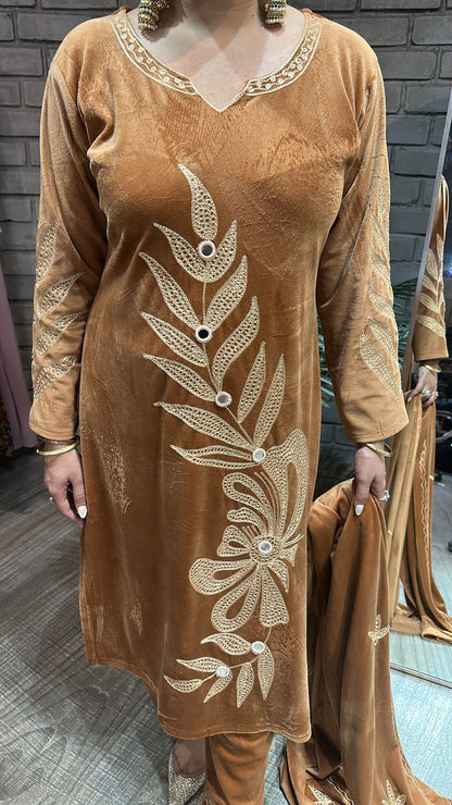Nazeer Beige Designer velvet suit