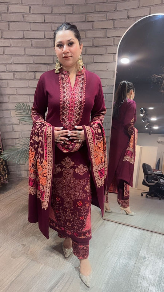 Tabak Mahroon Designer Woolen suit