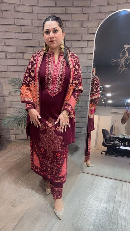Tabak Mahroon Designer Woolen suit