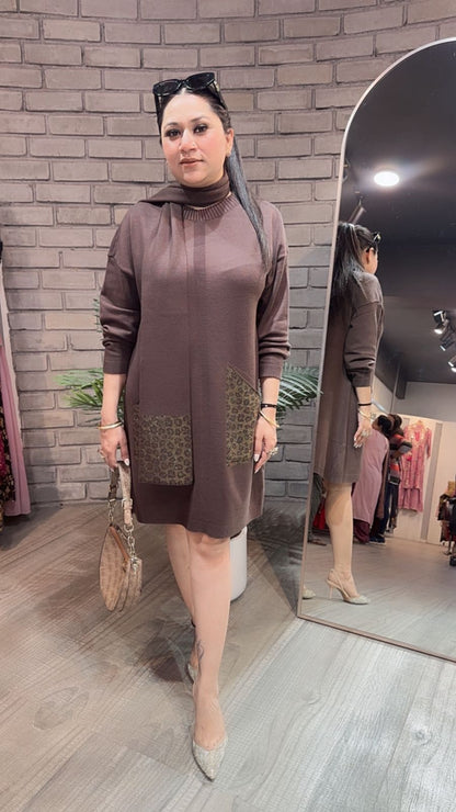 Cheetah Brown Woolen Dress with Muffler
