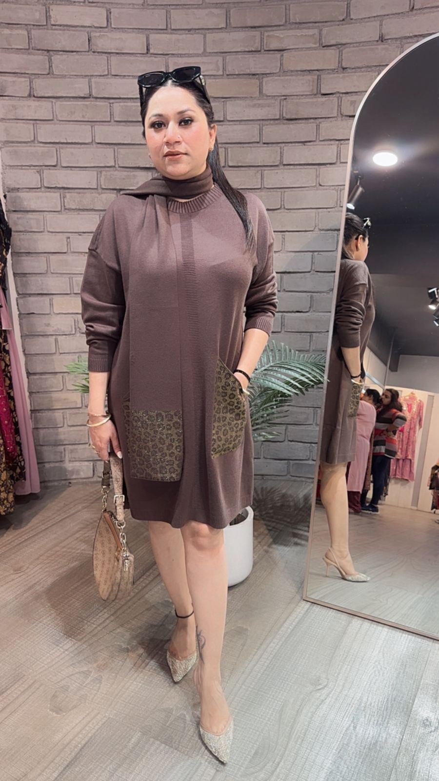 Cheetah Brown Woolen Dress with Muffler