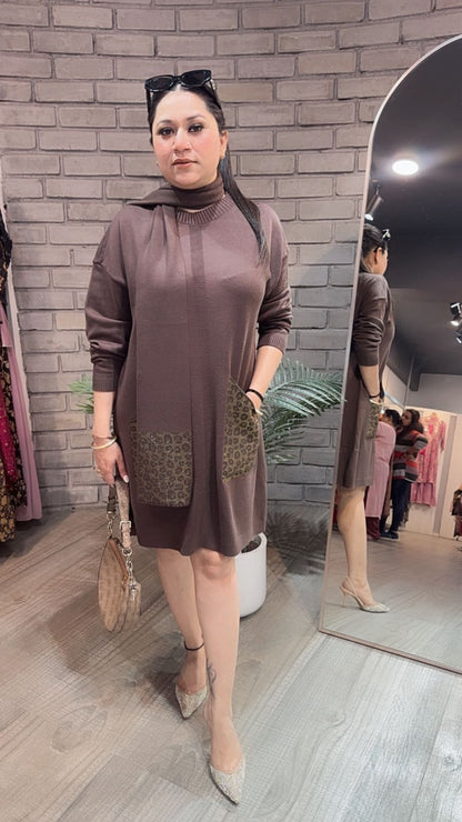 Cheetah Brown Woolen Dress with Muffler