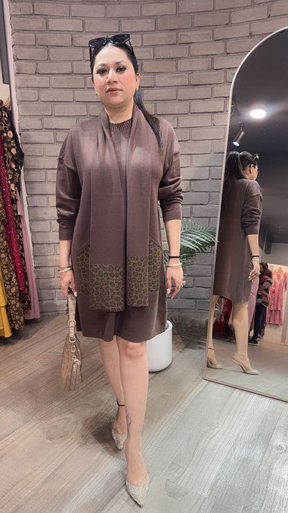 Cheetah Brown Woolen Dress with Muffler