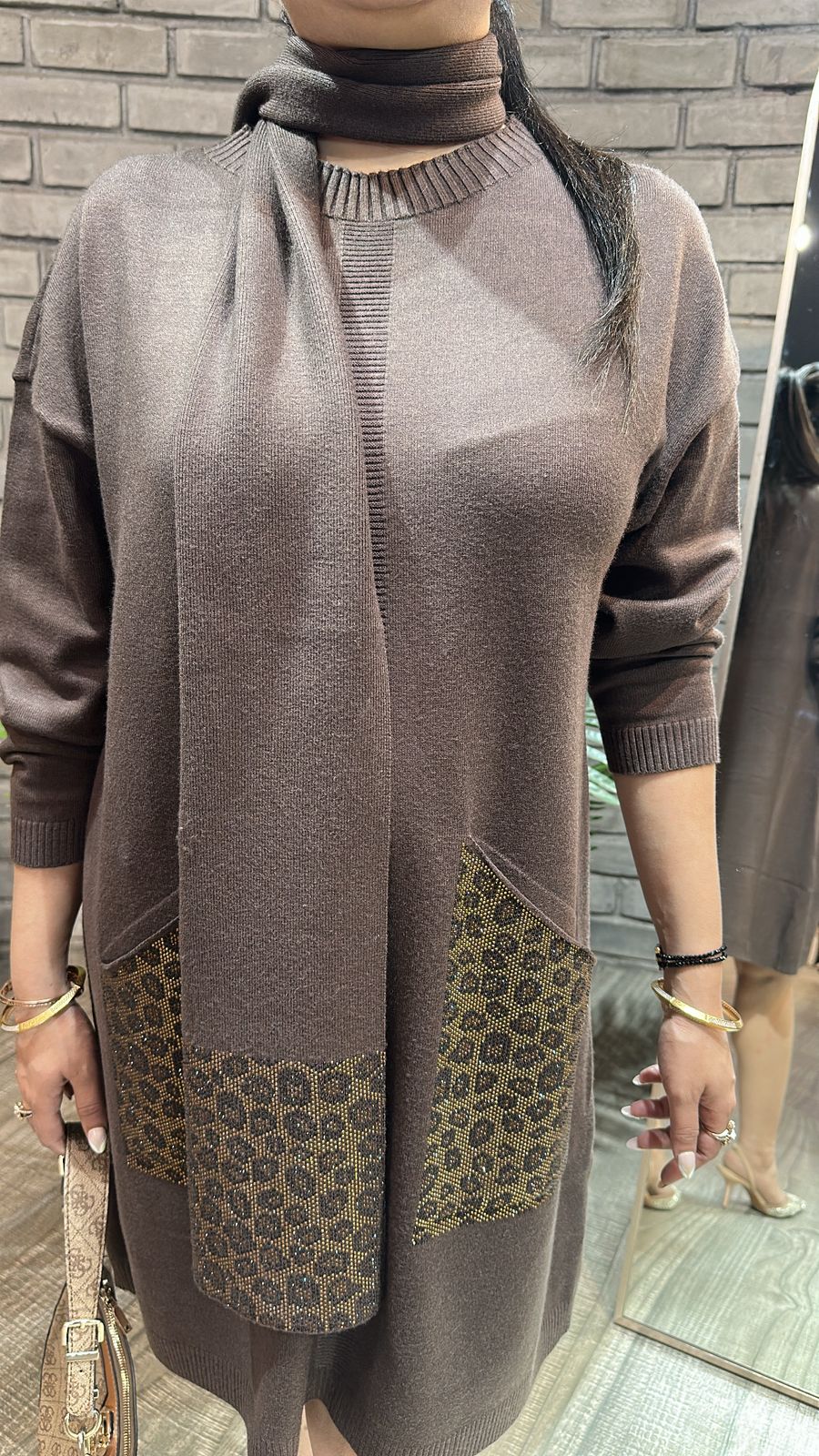 Cheetah Brown Woolen Dress with Muffler
