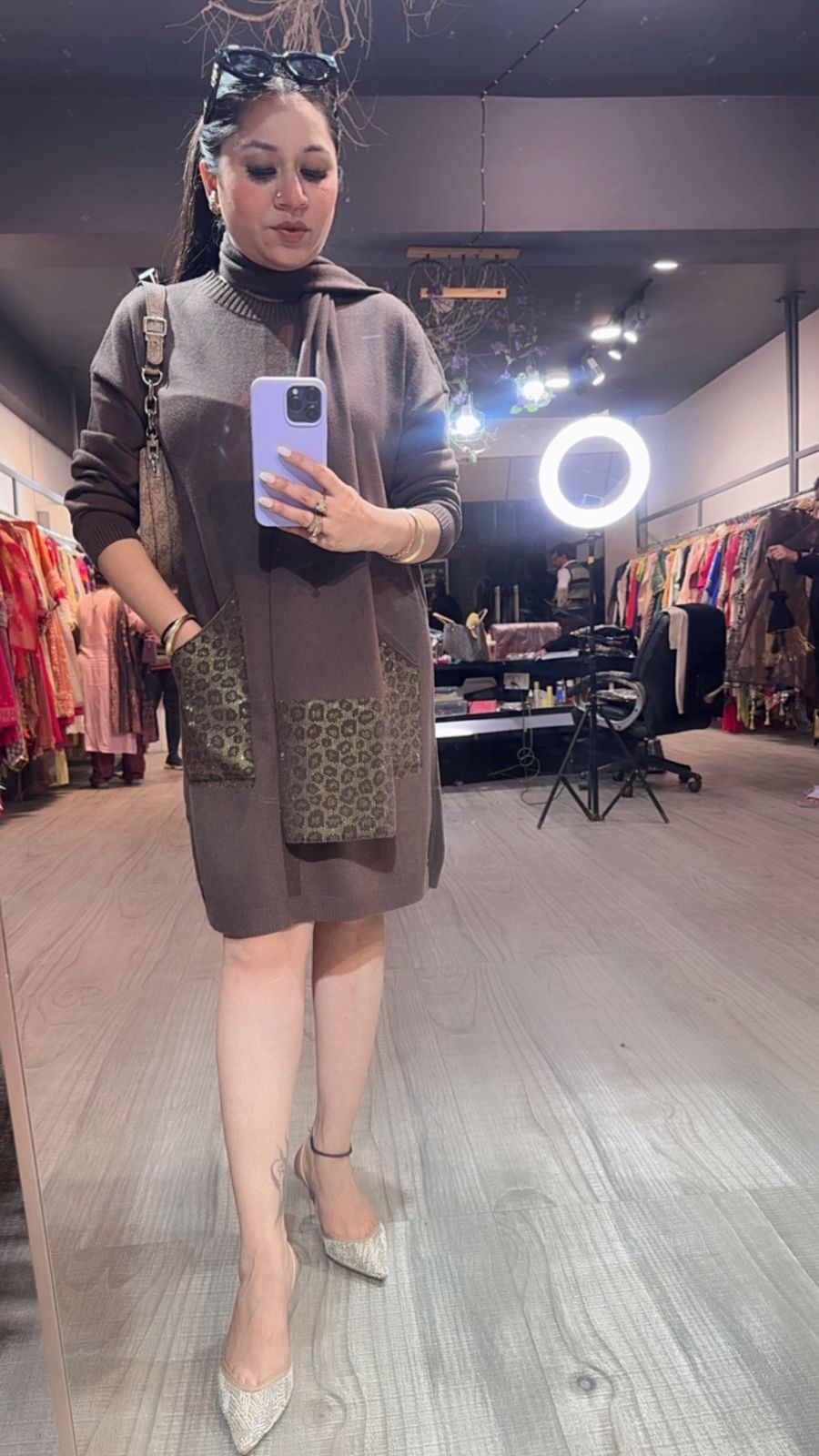 Cheetah Brown Woolen Dress with Muffler