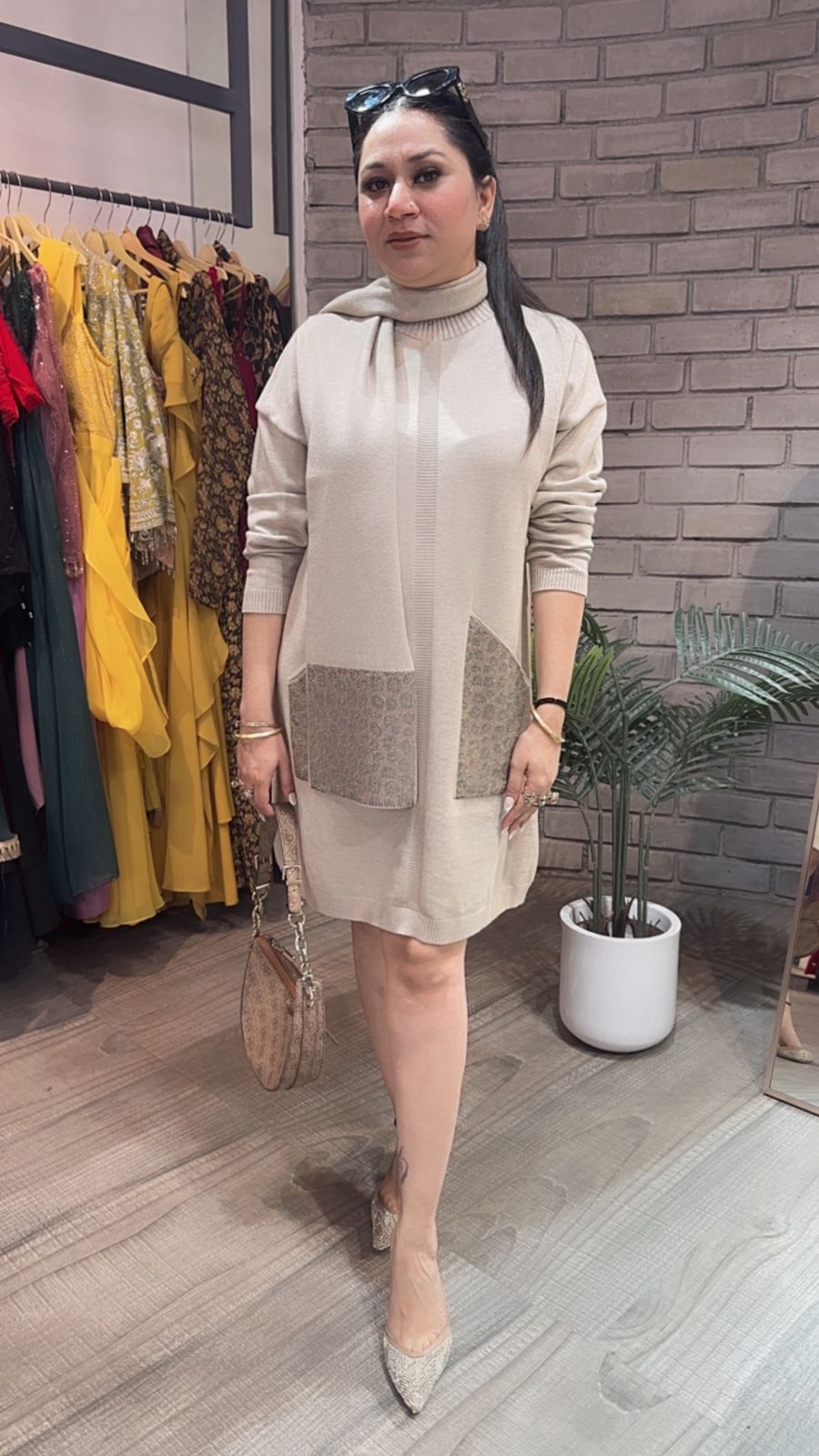 Cheetah ivory Woolen Dress with Muffler