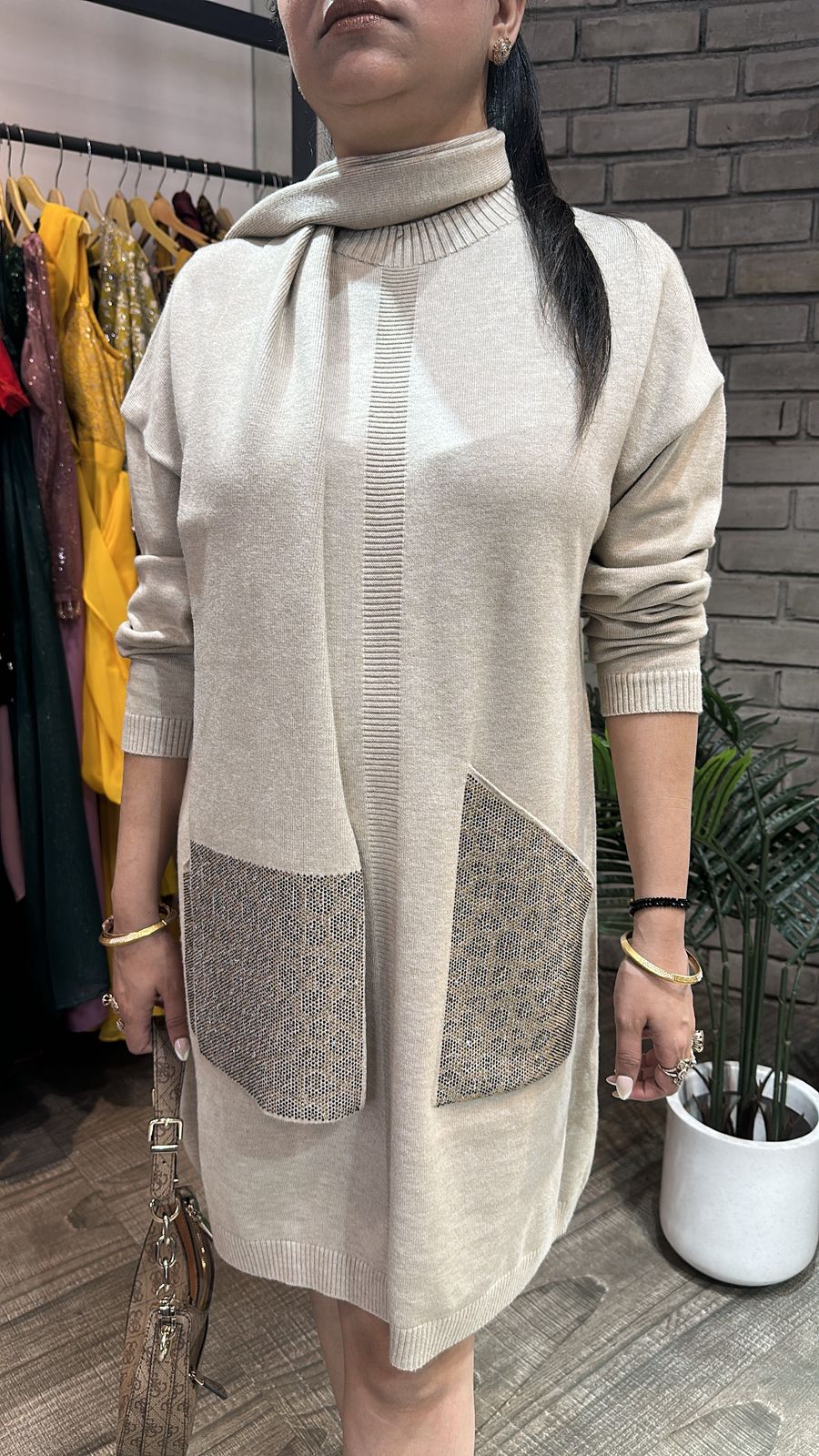 Cheetah ivory Woolen Dress with Muffler