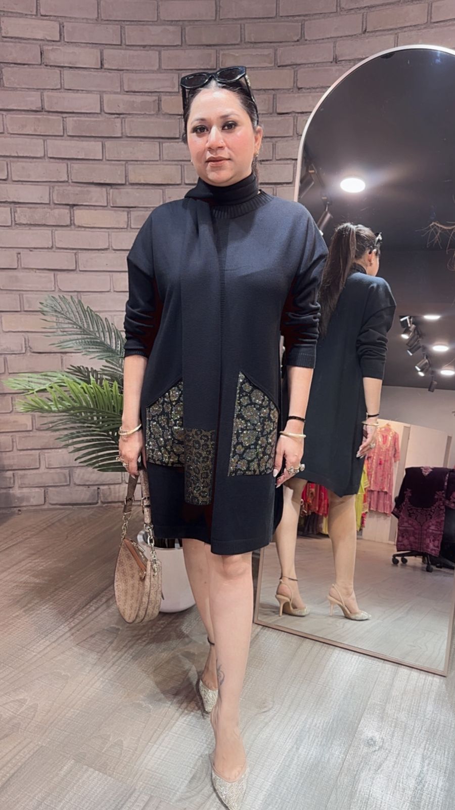 Cheetah Black Woolen Dress with Muffler