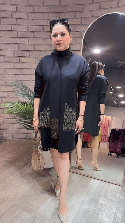 Cheetah Black Woolen Dress with Muffler