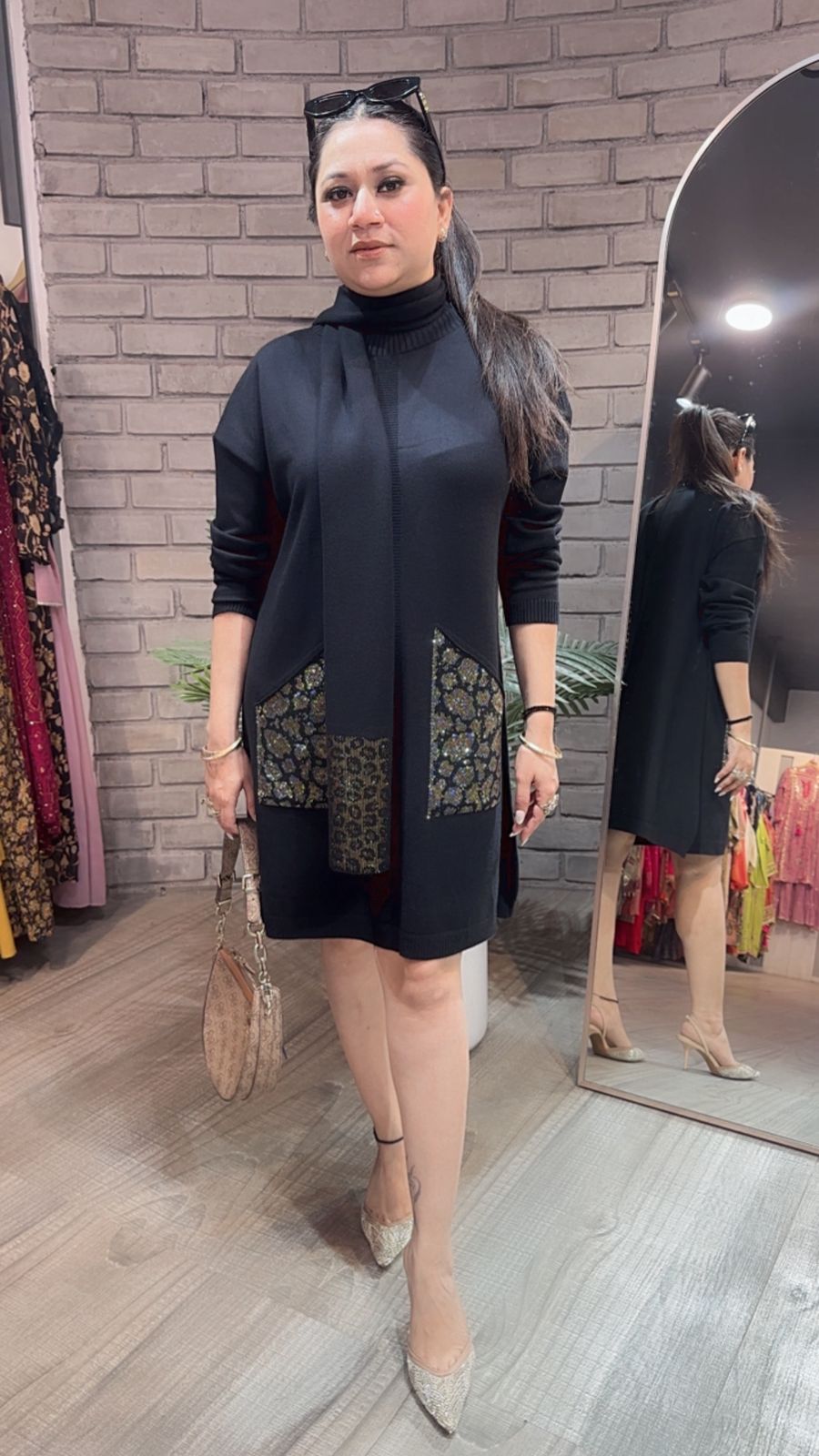 Cheetah Black Woolen Dress with Muffler