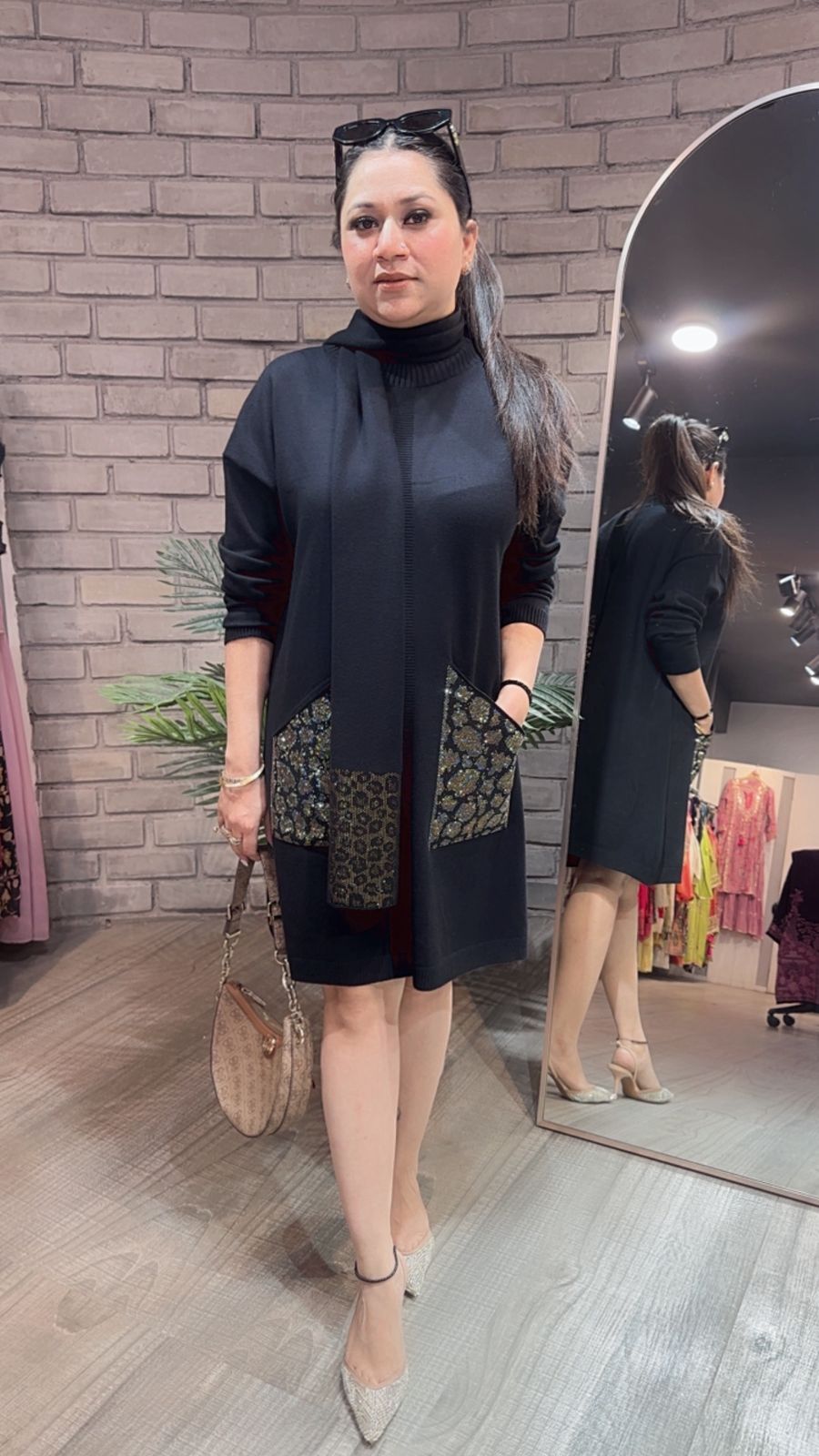 Cheetah Black Woolen Dress with Muffler