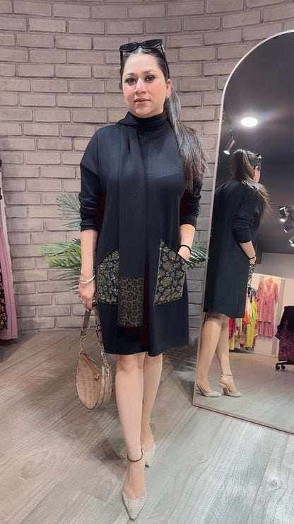 Cheetah Black Woolen Dress with Muffler