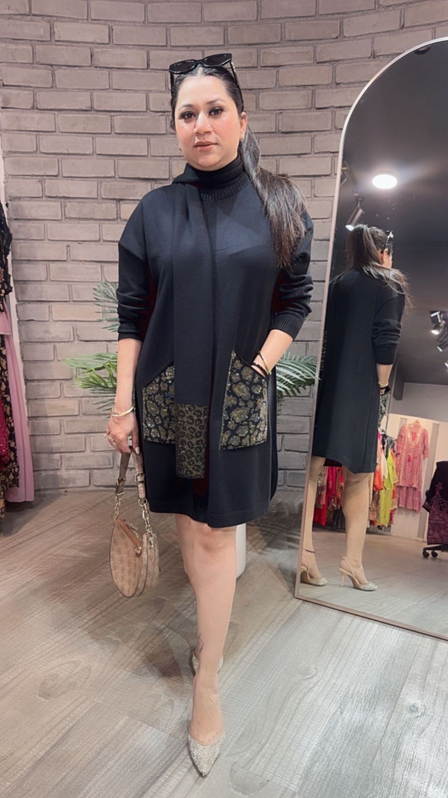Cheetah Black Woolen Dress with Muffler