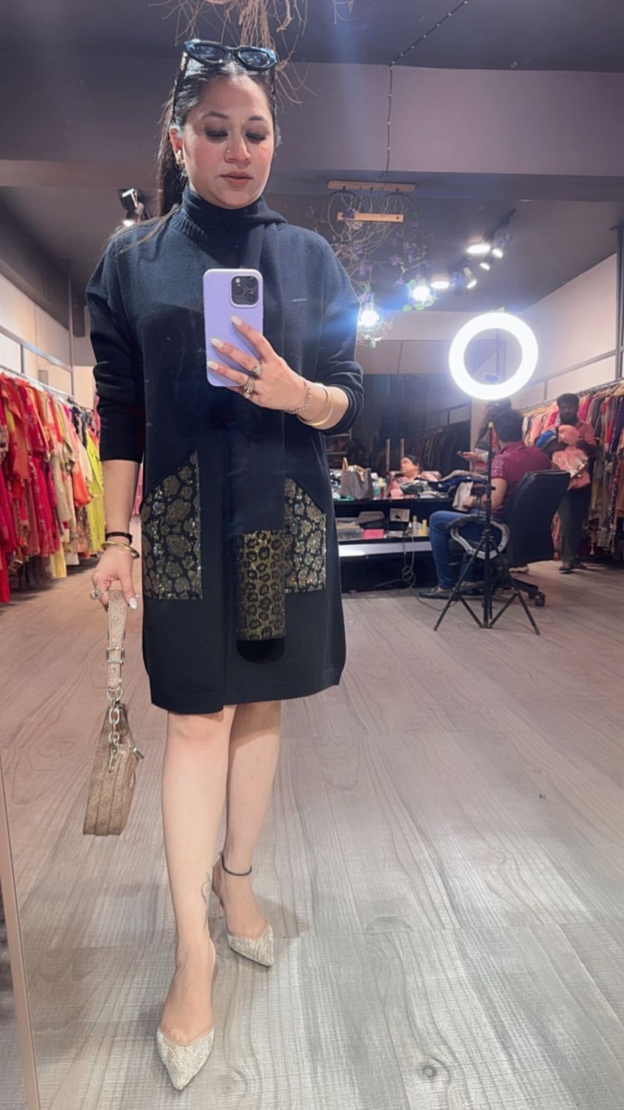 Cheetah Black Woolen Dress with Muffler