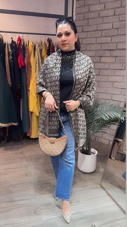 Mk Beige Grey Semi Woolen Stole