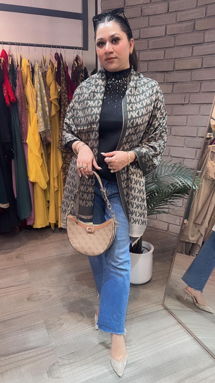 Mk Beige Grey Semi Woolen Stole