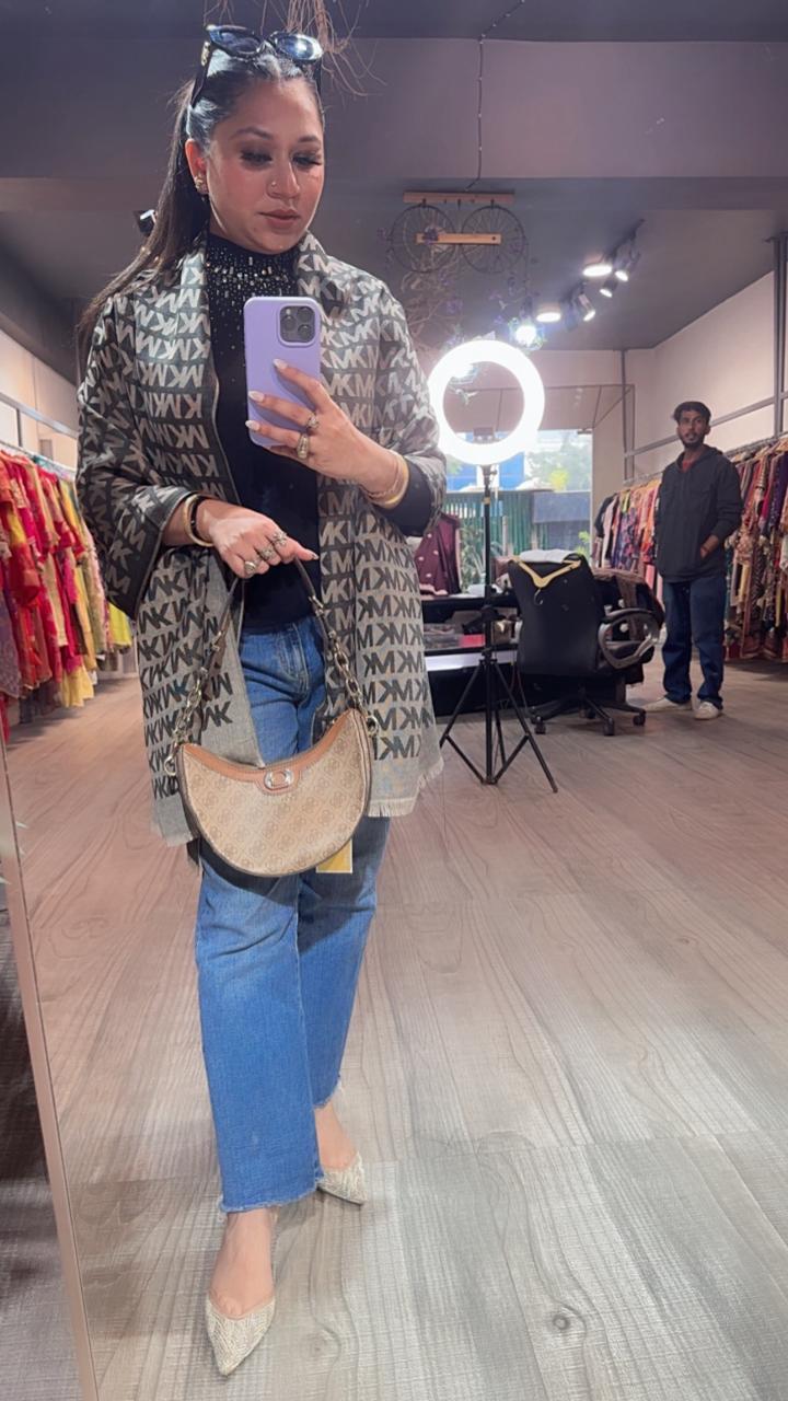 Mk Beige Grey Semi Woolen Stole