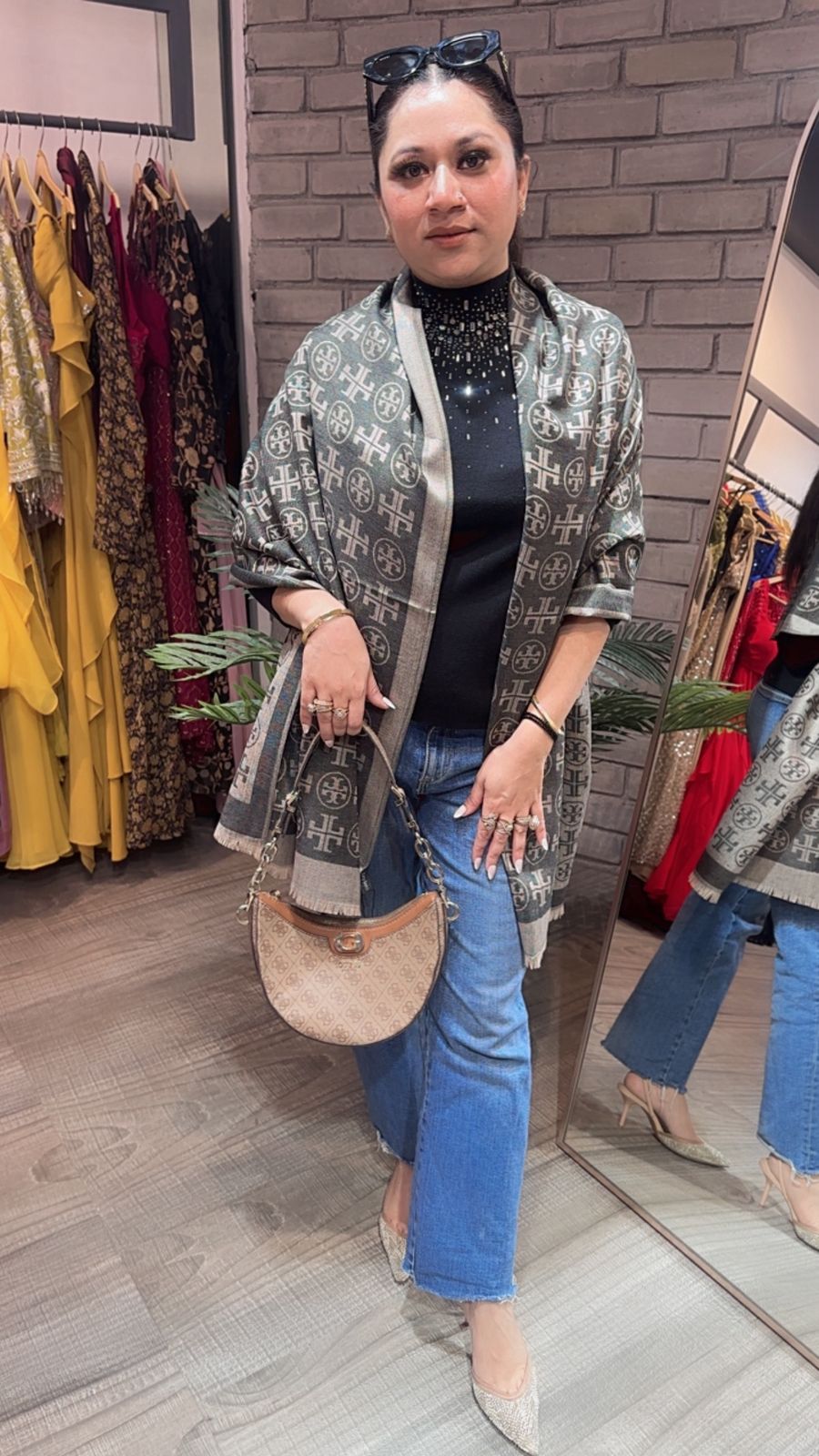 Tory Bursh Beige Grey Semi Woolen Stole