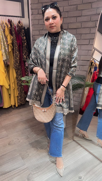 Tory Bursh Beige Grey Semi Woolen Stole