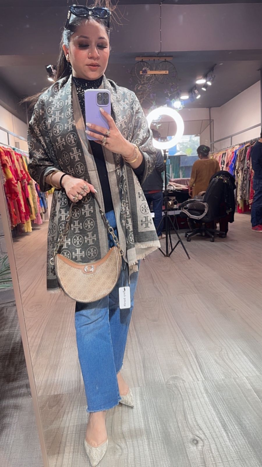 Tory Bursh Beige Grey Semi Woolen Stole