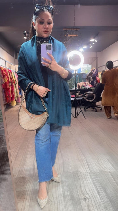 Tory Bursh Teal Blue  Semi Woolen Stole