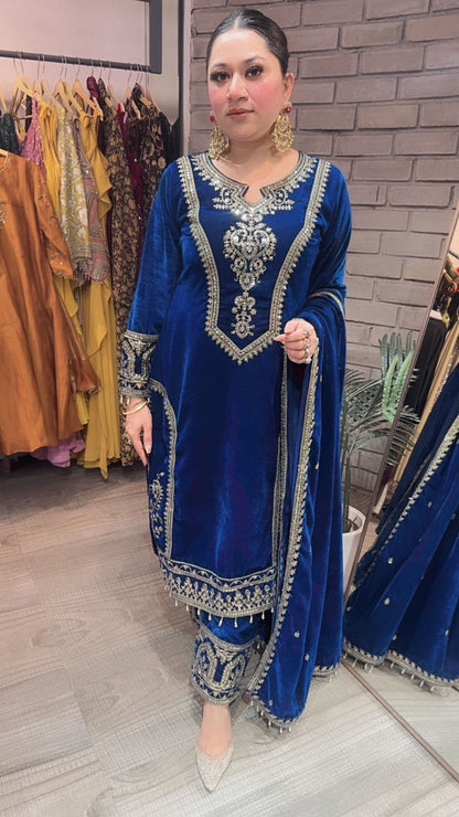 Shabad Teal Blue Designer velvet Suit