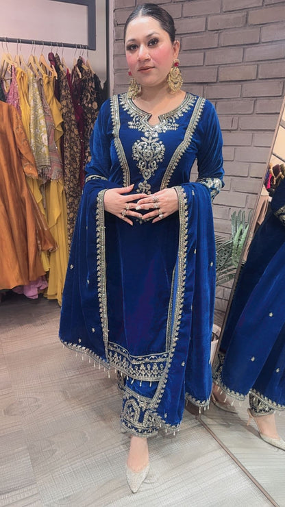 Shabad Teal Blue Designer velvet Suit