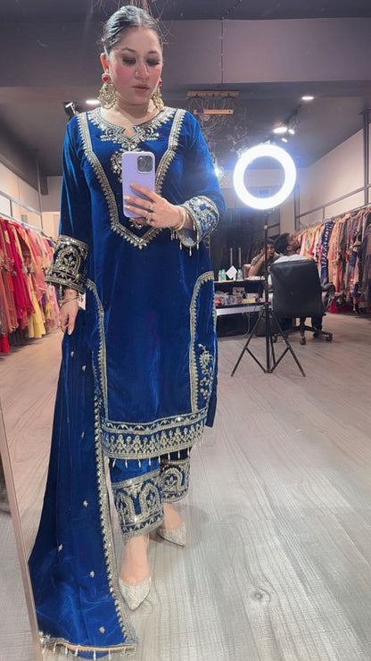 Shabad Teal Blue Designer velvet Suit