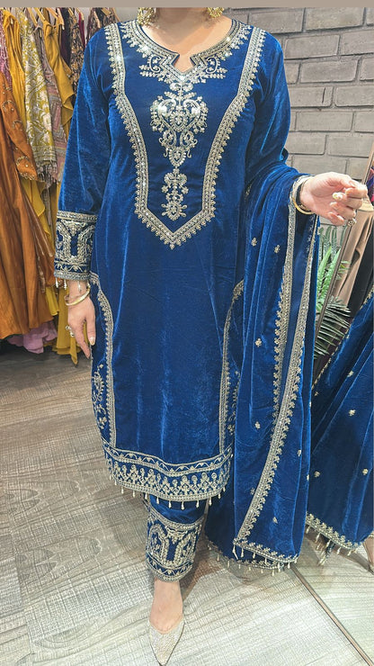 Shabad Teal Blue Designer velvet Suit